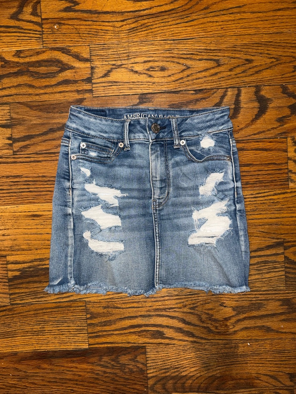American Eagle Outfitters Light Blue Distressed Denim Mini Skirt